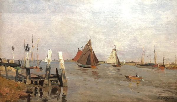 Huile sur toile, Bateaux dans un estuaire par Edmond Marie PETITJEAN