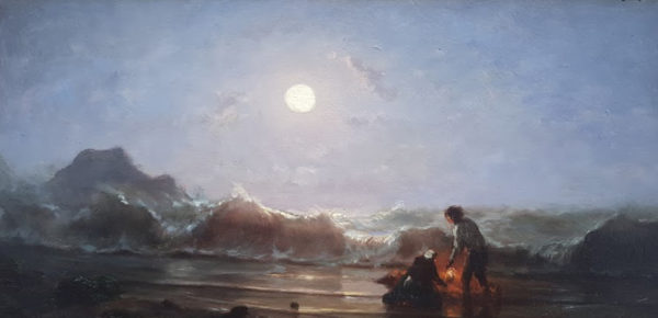 Huile sur toile, Bord de mer sous la lune par Amédée ROSIER