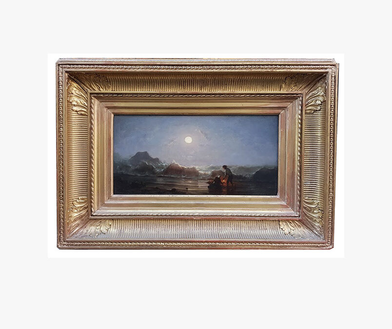 Oil on canvas, Seaside under the moon by Amédée ROSIER