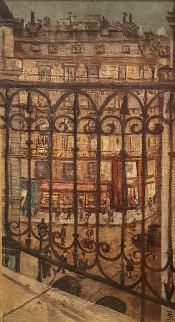huile-sur-toile-vue d-un-balcon-parisien-monogramme-1