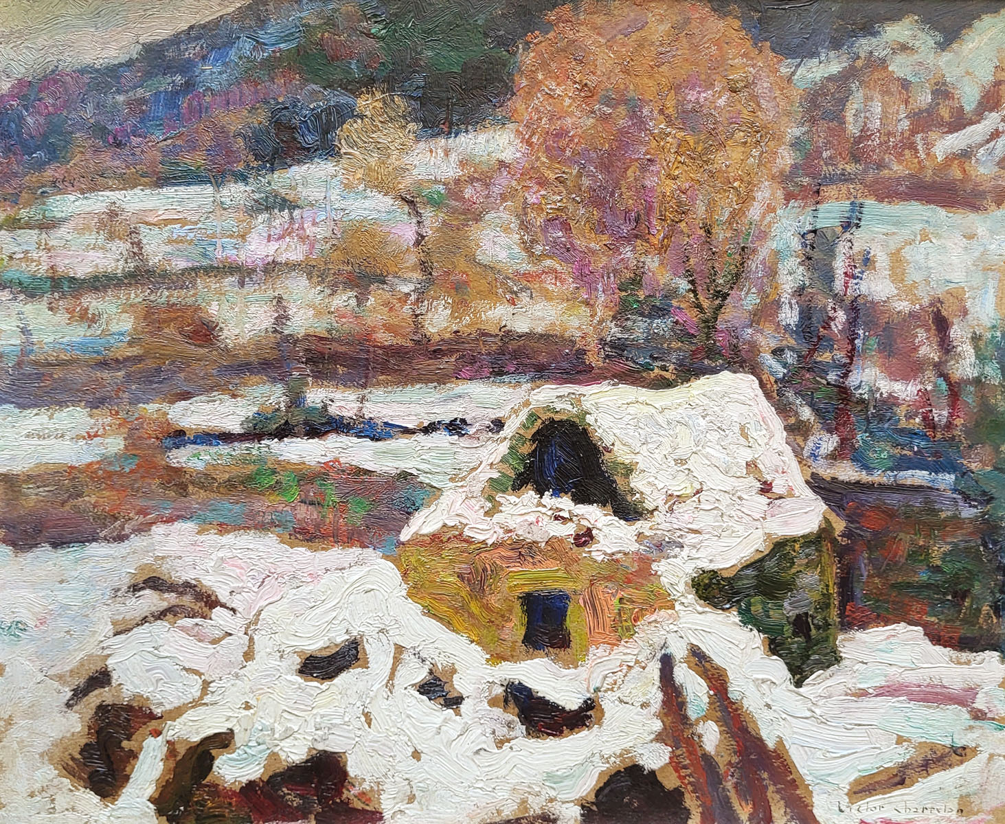 huile-sur-carton-chaumiere-sous-la-neige-par-victor-charreton-1