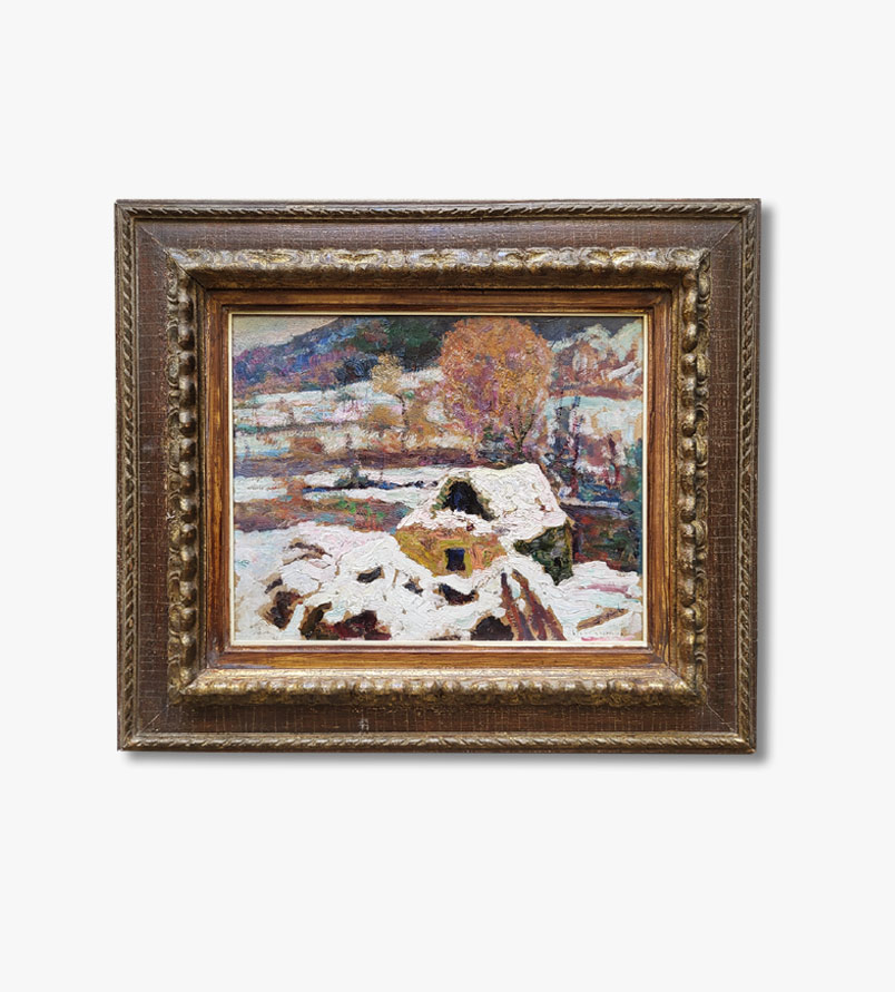 huile-sur-carton-chaumiere-sous-la-neige-par-victor-charreton