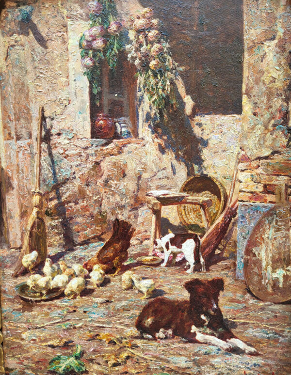 huile-sur-carton-cour-de-ferme-avec-chien-et-chat-par-angelo-garino-1