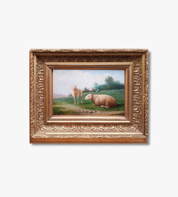 huile-sur-panneau-moutons-signe-g-dans-19-eme