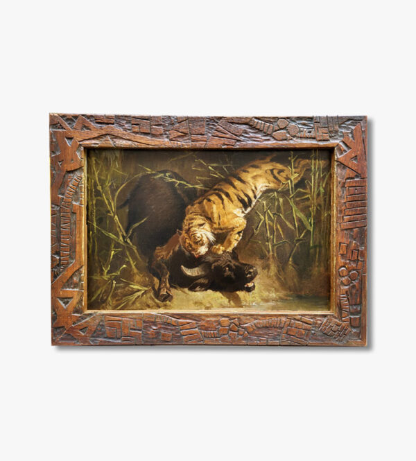 huile-sur-toile-scene-de-chasse-tigre-attaquant-un-buffle-19-eme