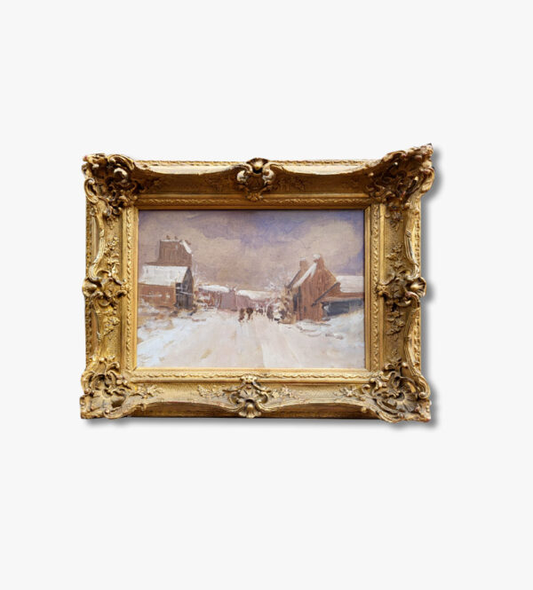 huile-sur-panneau-paysage-village-de-campagne-sous-la-neige-par-iwill