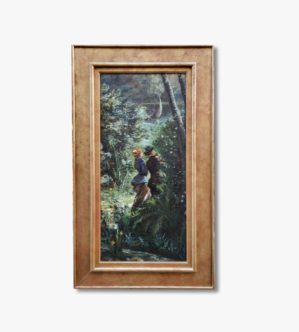 huile-sur-toile-balade-en-foret-pres-d-une-riviere-fin-19-eme