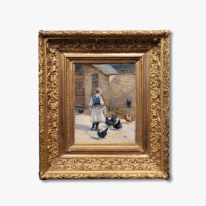 huile-sur-toile-jeune-fille-et-ses-poules-par-rene-chretien
