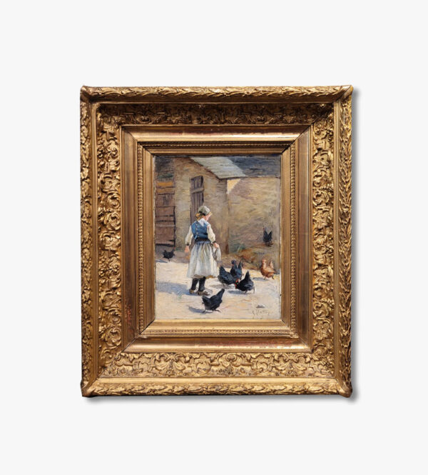 huile-sur-toile-jeune-fille-et-ses-poules-par-rene-chretien