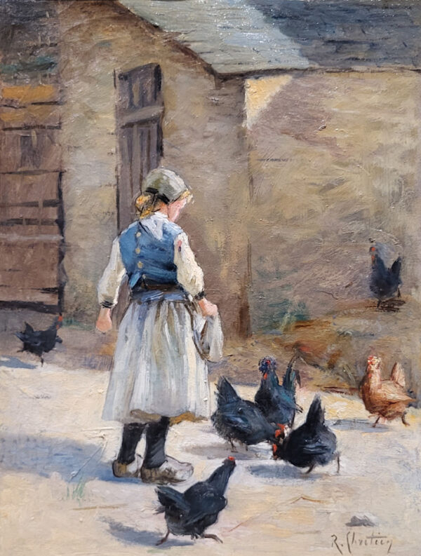 huile-sur-toile-jeune-fille-et-ses-poules-par-rene-chretien-1
