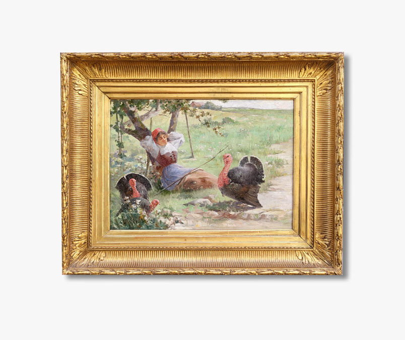 Huile Sur Toile, La Gardienne De Dindon Par Charles John Arter