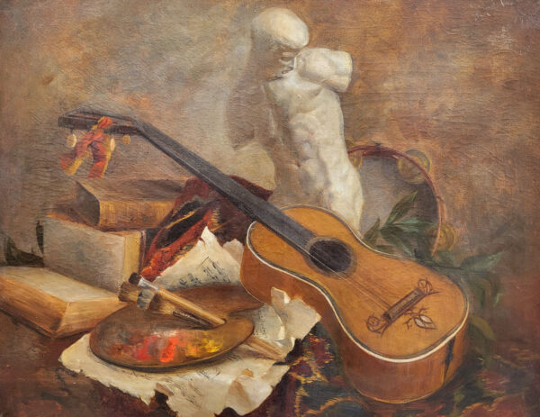 huile-sur-toile-nature-morte-au-buste-et-a-la-guitare-19-eme-1