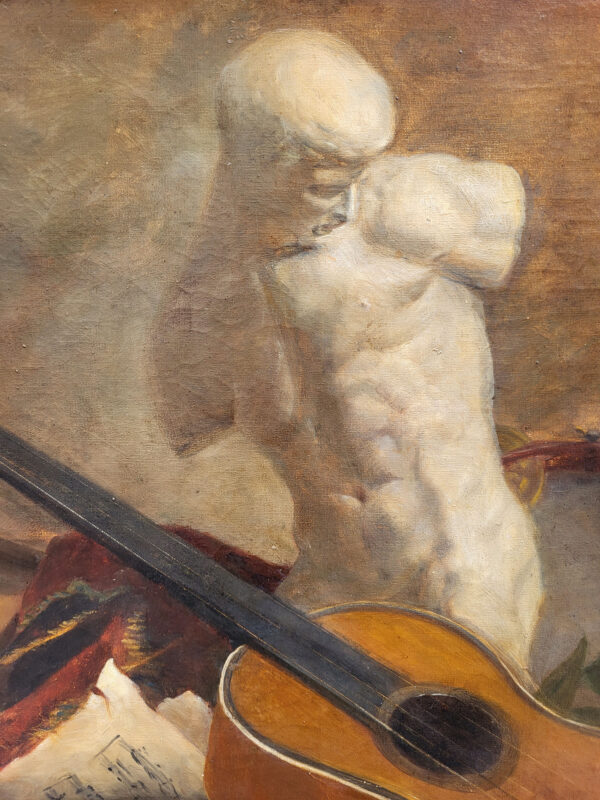 huile-sur-toile-nature-morte-au-buste-et-a-la-guitare-19-eme-2