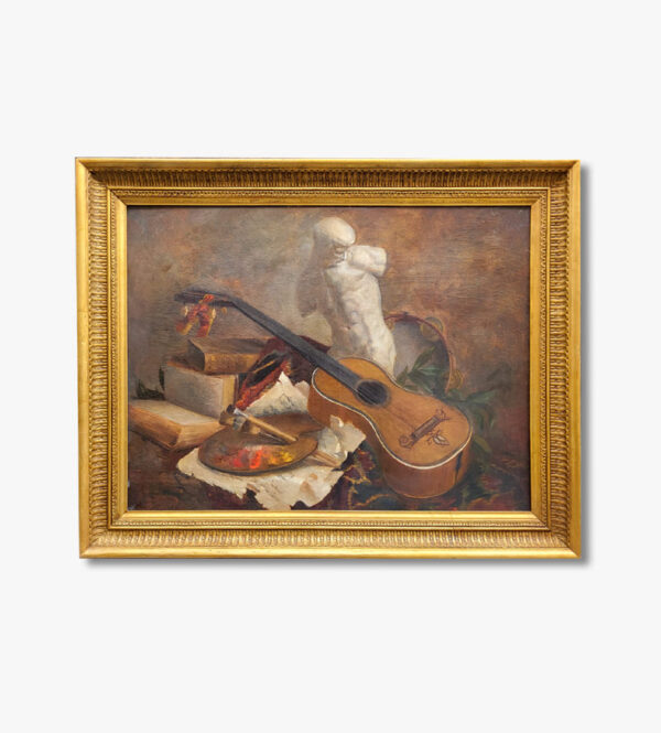 huile-sur-toile-nature-morte-au-buste-et-a-la-guitare-19-eme
