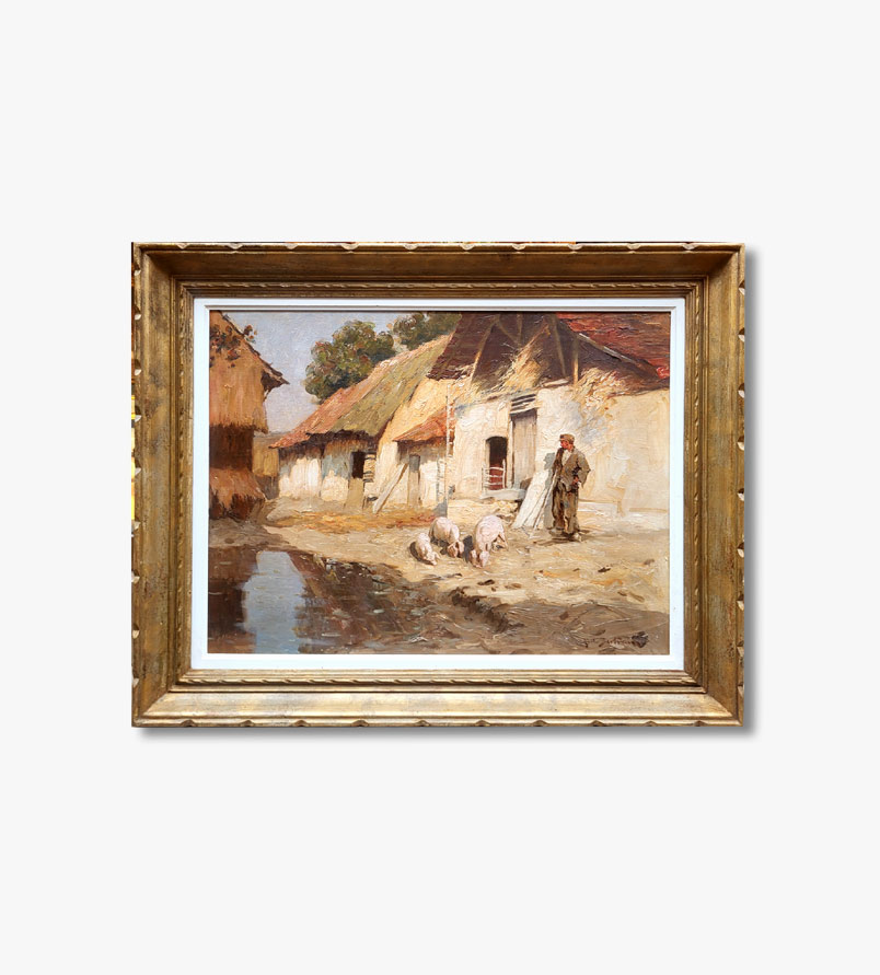 huile-sur-toile-le-fermier-et-ses-cochons-par-abel-bertram