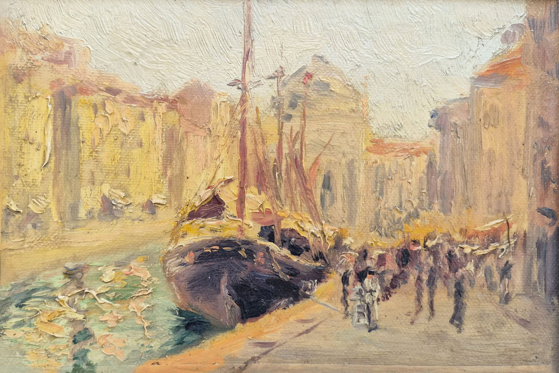 huile-sur-panneau-bateaux-a-quai-debut-20-eme-1
