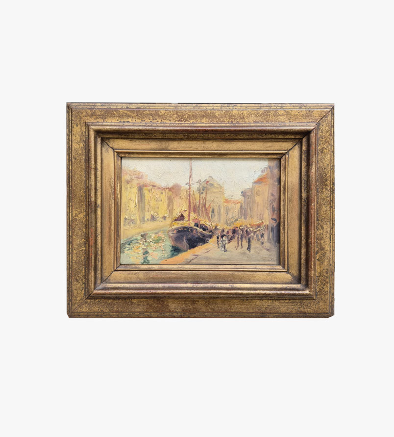 huile-sur-panneau-bateaux-a-quai-debut-20-eme