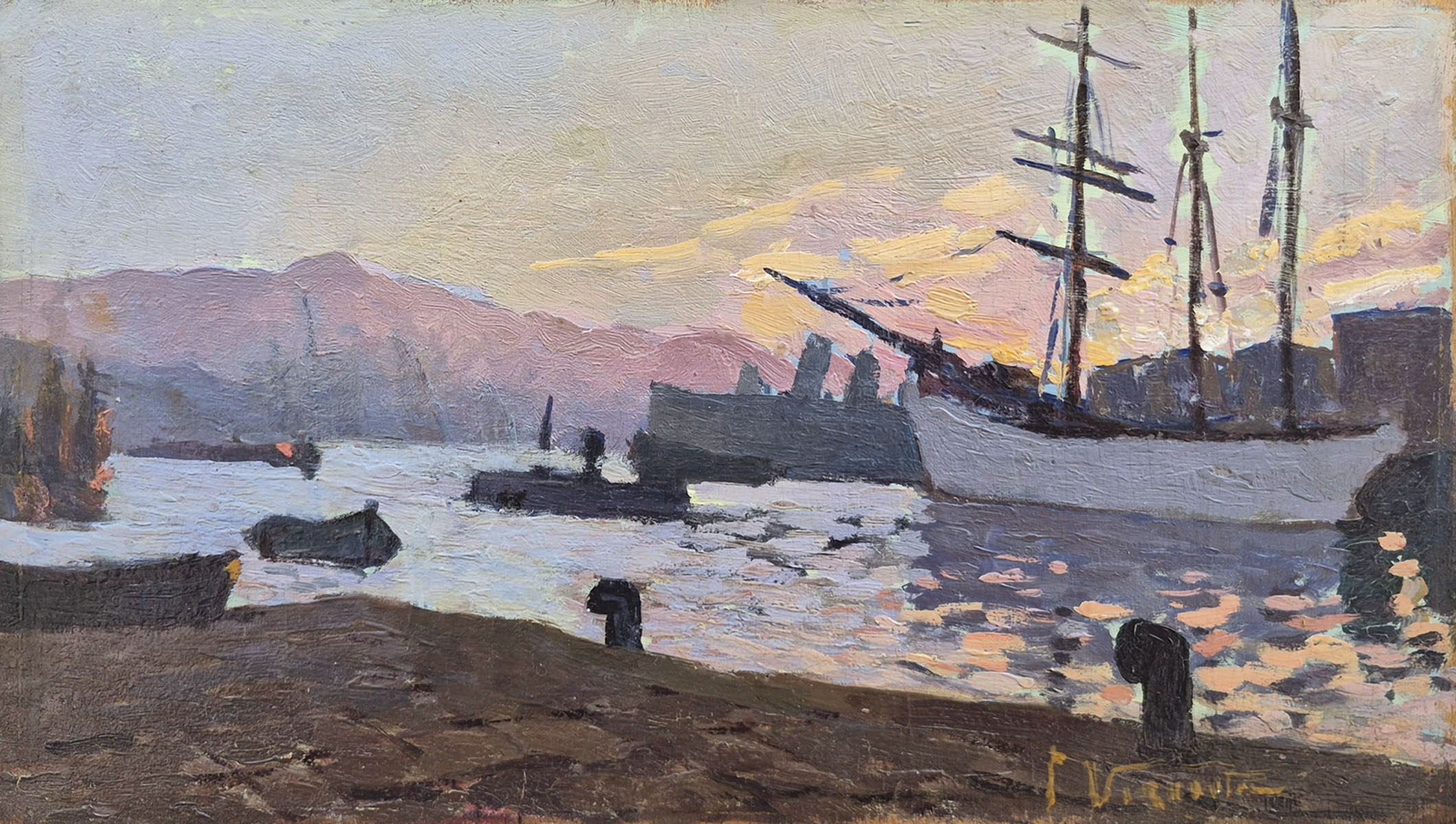 huile-sur-panneau-port-en-fin-de-journee-debut-20-eme-1