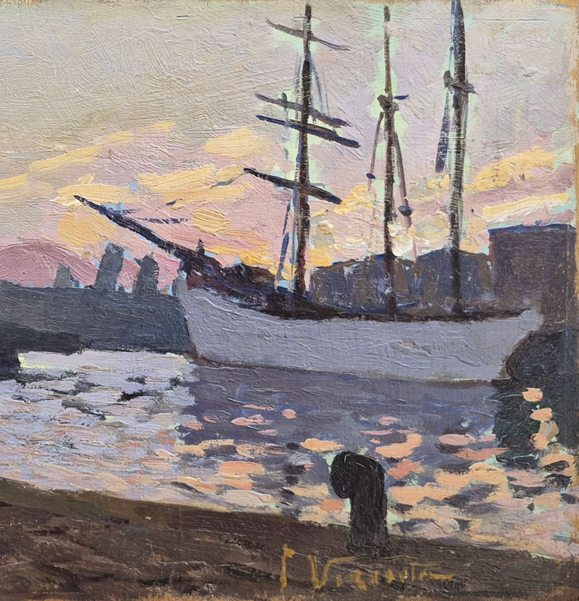 huile-sur-panneau-port-en-fin-de-journee-debut-20-eme-2