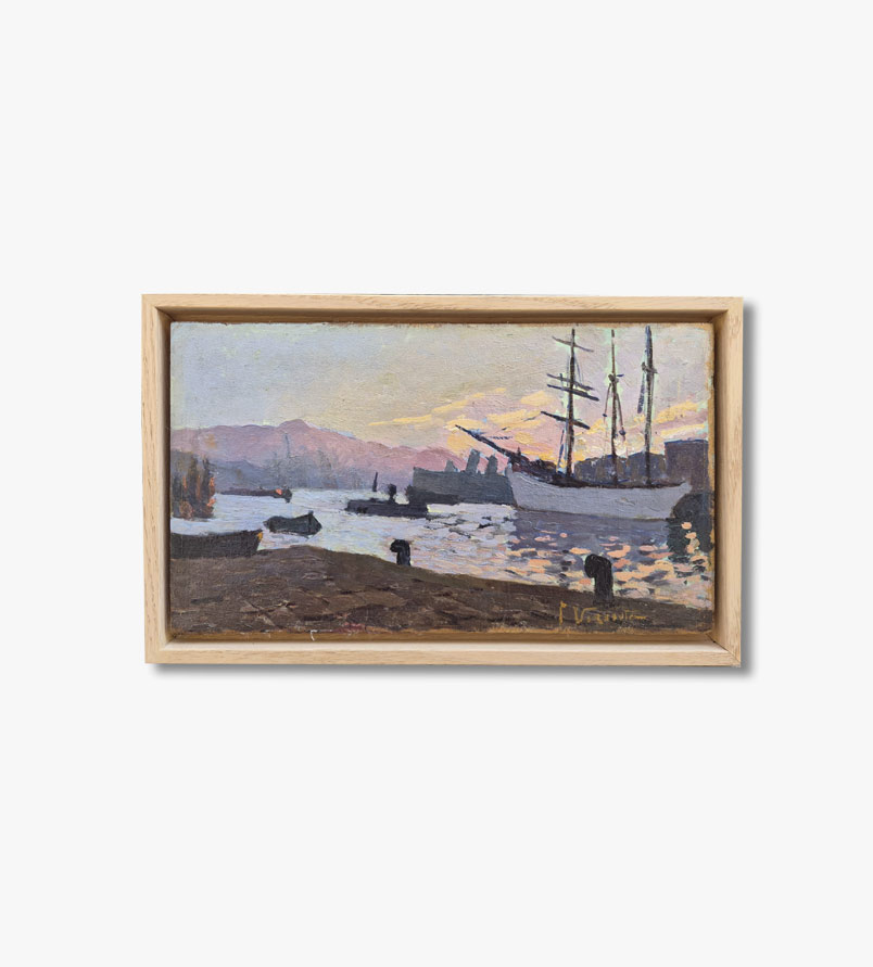 huile-sur-panneau-port-en-fin-de-journee-debut-20-eme