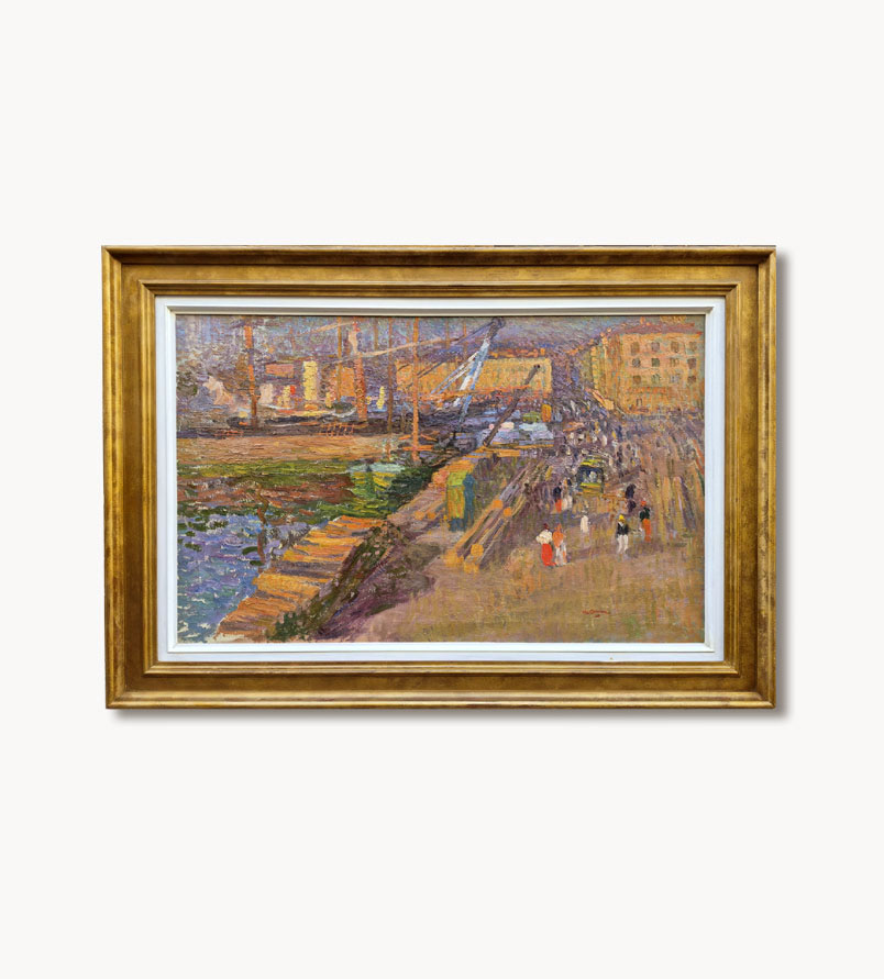 huile-sur-tole-vue-un matin-dans-le-vieux-port-marseille-par-augustin-carrera